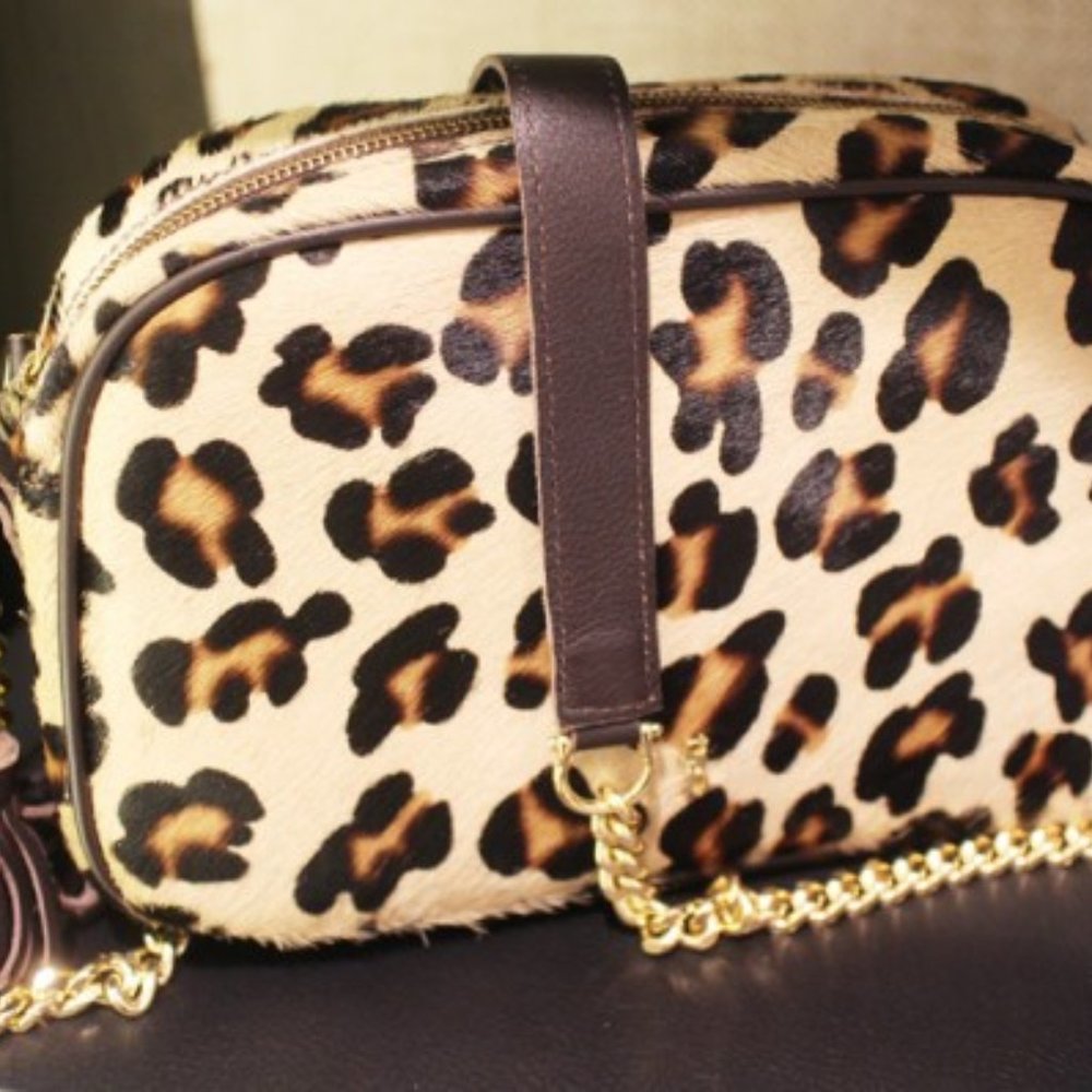 Sacoor Brothers Cheetah Print 100% Leather Shoulder Handbag Purse with Tassel